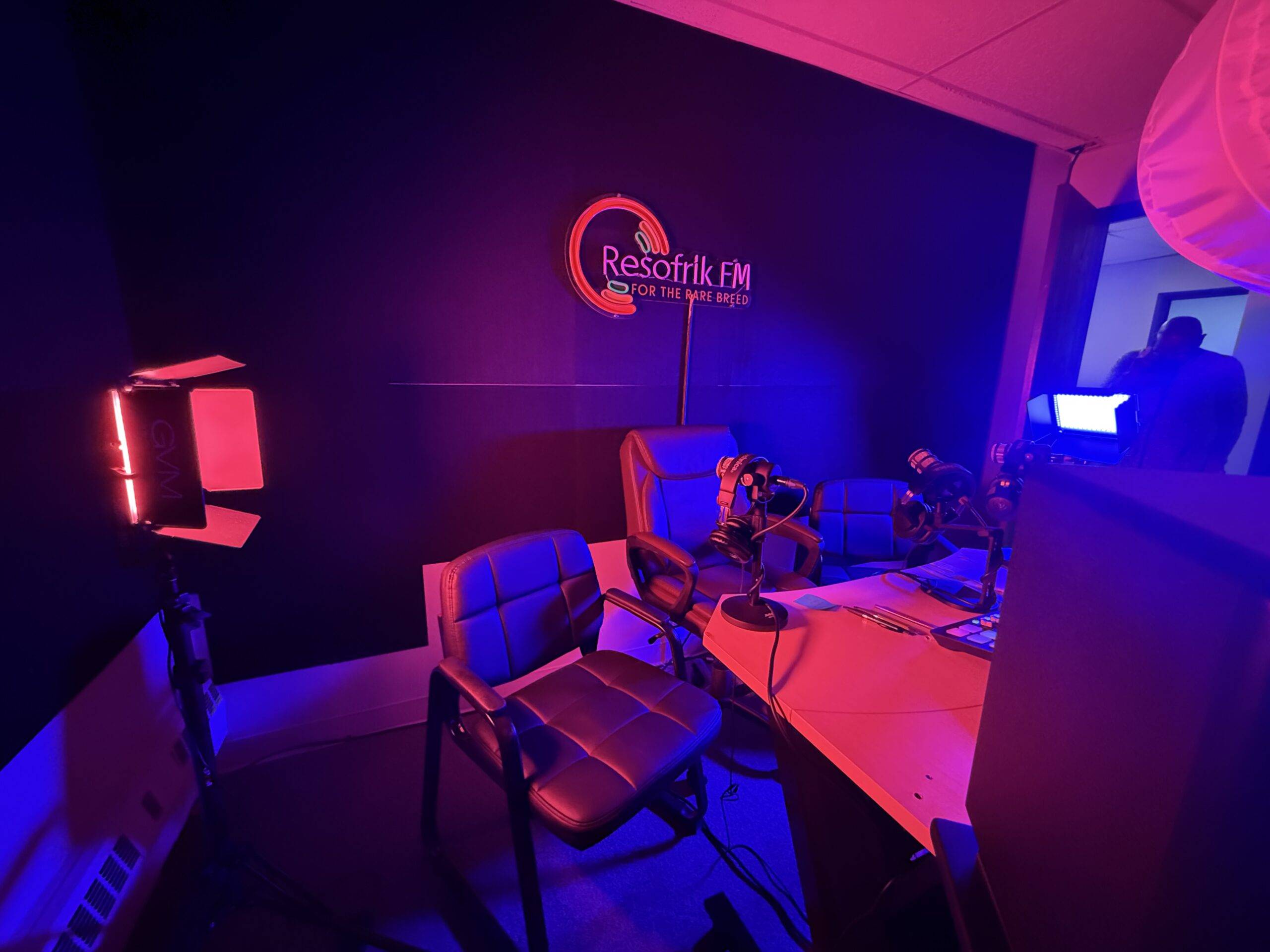 African percussion instruments in a high-tech broadcast room