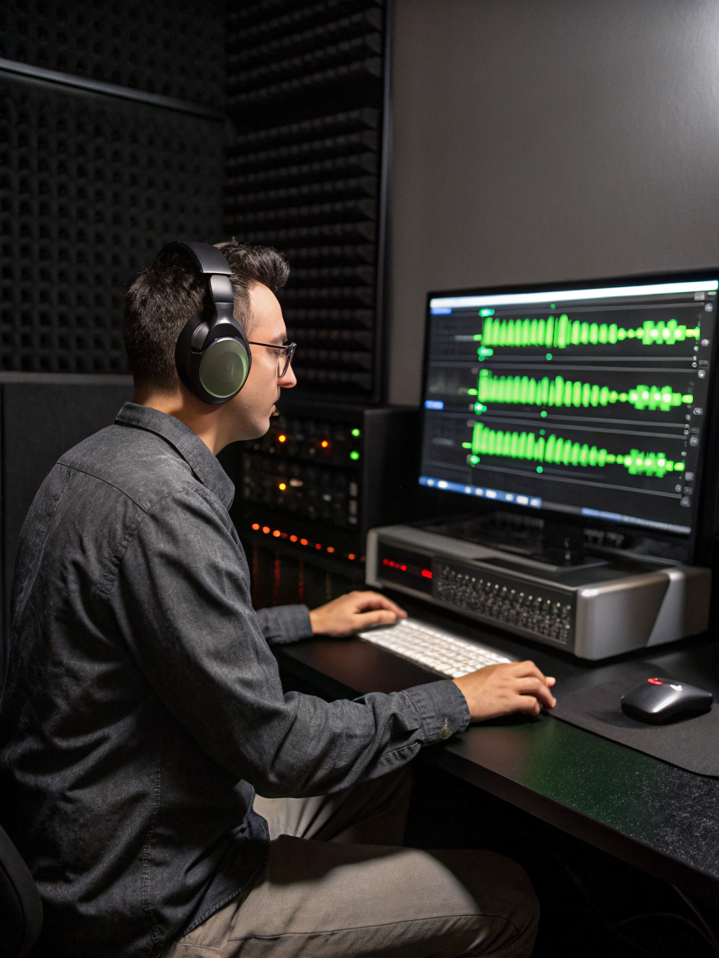 Music producer working on an Afrobeats track with glowing equipment