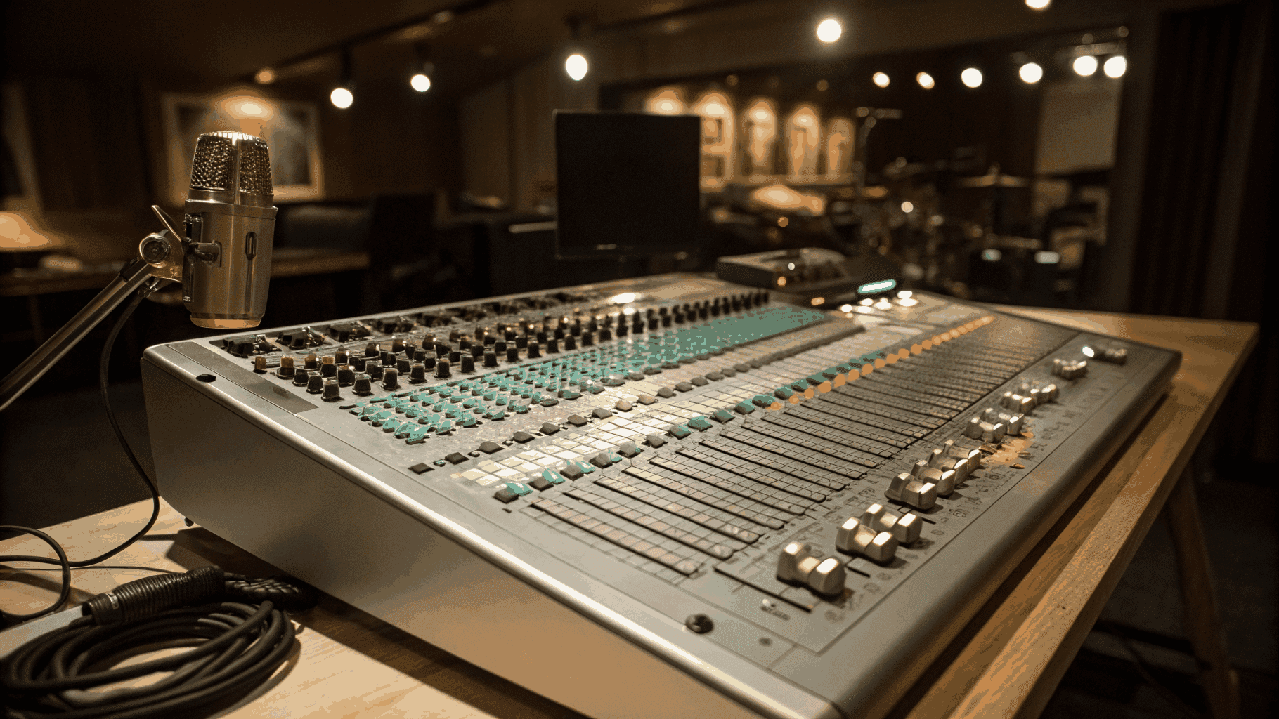 High-end mixing console with vibrant level indicators